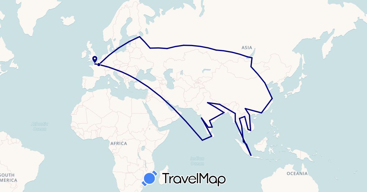 TravelMap itinerary: driving in China, France, Indonesia, India, Cambodia, Laos, Sri Lanka, Myanmar (Burma), Mongolia, Maldives, Malaysia, Nepal, Russia, Singapore, Thailand, Vietnam (Asia, Europe)