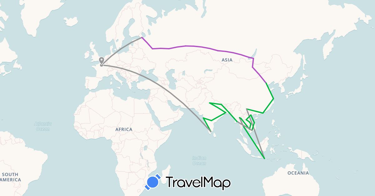 TravelMap itinerary: bus, plane, train in China, France, Hong Kong, Indonesia, India, Cambodia, Laos, Myanmar (Burma), Mongolia, Nepal, Russia, Thailand, Vietnam (Asia, Europe)